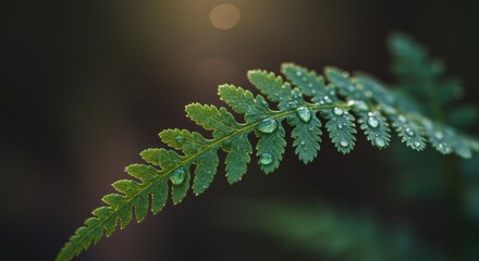Lush Green Fern Leaf with Dew Drops: Nature Photography