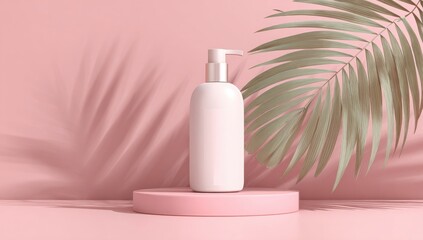 White pump bottle on pink pedestal, tropical leaf backdrop