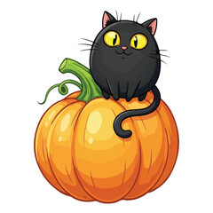 Cartoon Black Cat Sitting Atop a Ripe Orange Pumpkin with Green Stem Halloween Season Illustration
