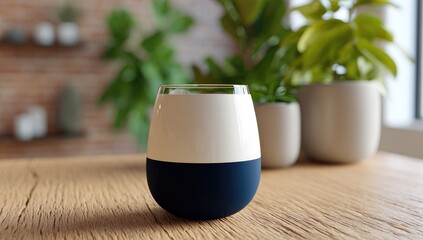 Glass of drink on wooden table, plants in background