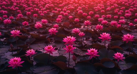 Vibrant Pink Lotus Field at Sunrise: Serene Water Lily Blooms