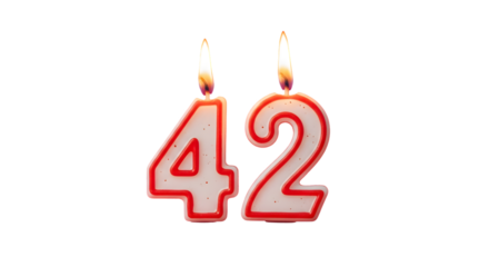 A close up of two birthday candles shaped like the number forty two against a black background