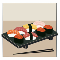 Vector Illustration of a Sushi Platter with Chopsticks