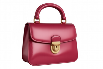 Fashionable pink leather handbag featuring gleaming gold accents, elegantly positioned against transparent backdrop