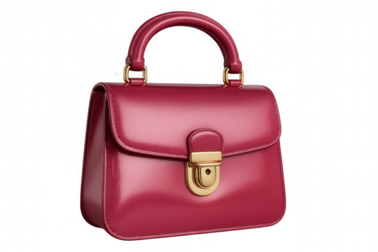 Fashionable pink leather handbag featuring gleaming gold accents, elegantly positioned against transparent backdrop
