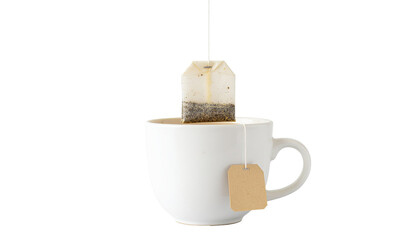 White Mug with Tea Bag for Hot Beverage and Relaxation Moment Isolated on White Background