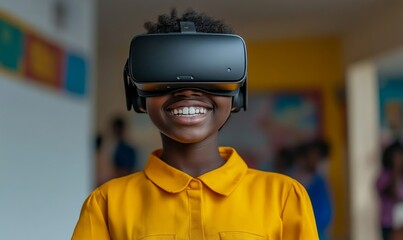 Black school student with a VR headset using AI artificial intelligence smart technology for innovation and machine learning. Interactive technology in the classroom. AI hologram, Generative AI