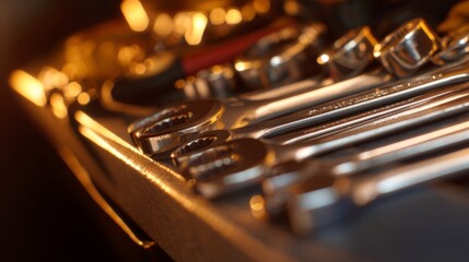 Close-up view of neatly arranged mechanical tools on a workbench, showcasing metallic textures under soft lighting.