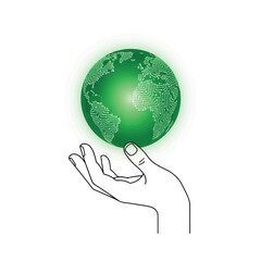 A hand gently cradles a glowing green Earth, symbolizing environmental care and global responsibility.