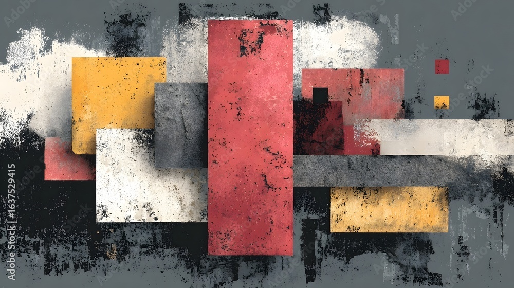 Poster a grungy abstract composition with overlapping geometric shapes muted colors and a distressed indust