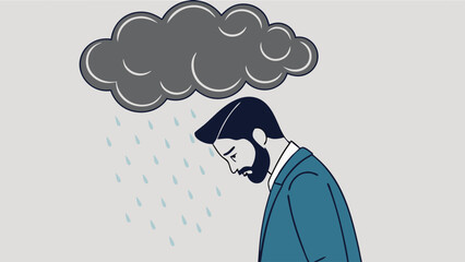 Sad Businessman Under a Rain Cloud Depression Illustration.
