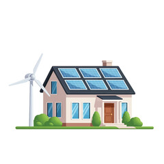 Cartoon house with solar panels on the roof and a wind turbine in the yard, showcasing sustainable energy.