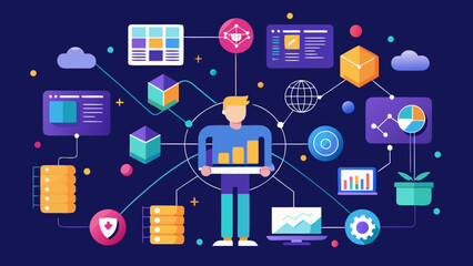 Illustration of a man holding a graph surrounded by data related icons and connection lines on dark blue