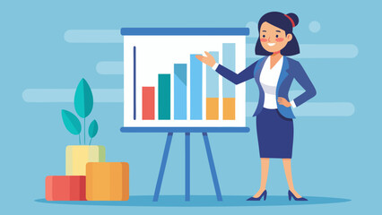 Businesswoman presenting a bar graph on a whiteboard with plants on a light blue background design