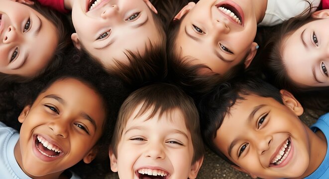 Diverse Group of Children Lying in a Circle Smiling Together Showing Unity and Happiness Perfect for Education and Community Projects