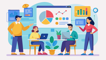 Illustration of a team analyzing data with charts and graphs in a collaborative office setting