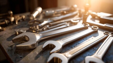 Fototapeta premium Close-up view of neatly arranged mechanical tools on a workbench, showcasing metallic textures under soft lighting.