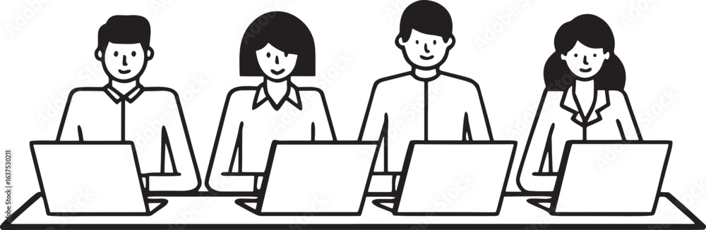 Poster four people sitting at a table with laptops in a simple line drawing style group team