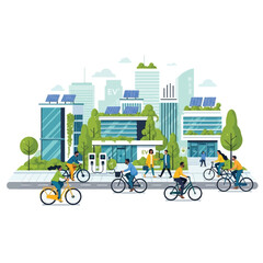 Fototapeta premium Illustration of a sustainable city with people cycling and walking near modern buildings.
