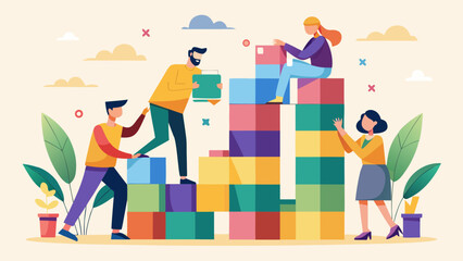 Illustration of a team building a structure with colorful blocks in a collaborative effort together