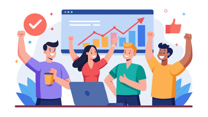 Group of people celebrating success with a graph on the screen and a laptop on the table showing progress