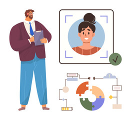 Manager holds clipboard near profile picture with green checkmark, workflow diagram, and process chart. Ideal for teamwork, management, project planning, profile verification, HR process, analytics