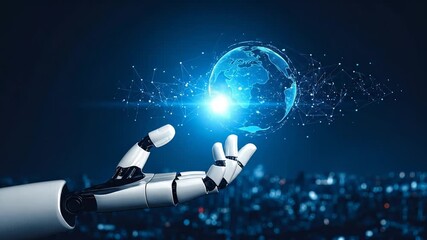 Futuristic Robot Holding a Holographic Earth Globe - Powered by Adobe