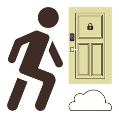 Simplified figure walking towards a locked door with a fingerprint scanner, accompanied by a cloud icon. Ideal for security, biometrics, access control, technology, privacy, cloud storage, simple