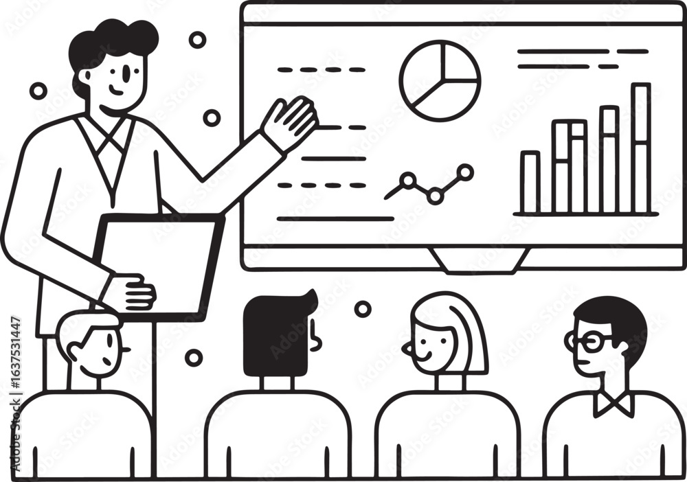 Aufkleber man presenting charts and graphs to seated audience in simple line art style presentation business