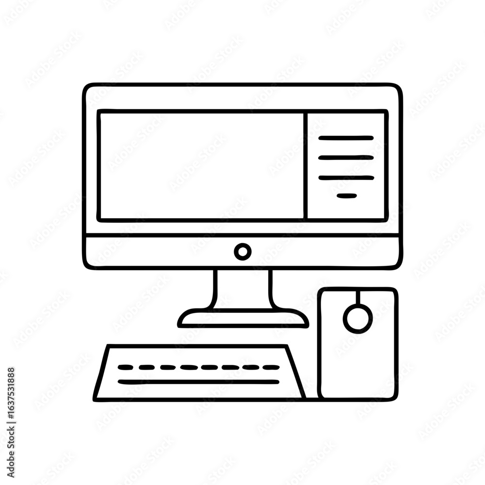 Poster computer desktop pc with keyboard and mouse vector illustration technology outline design icon