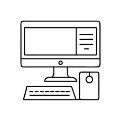 Computer desktop pc with keyboard and mouse vector illustration technology outline design icon