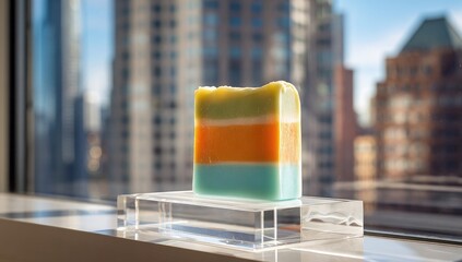 Multi-colored soap bar on a clear acrylic display stand, seen from a slightly elevated perspective, with a blurred city skyline in the background