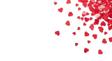Scattered Red Heart Confetti on White Background, Romantic Valentine's Day Concept
