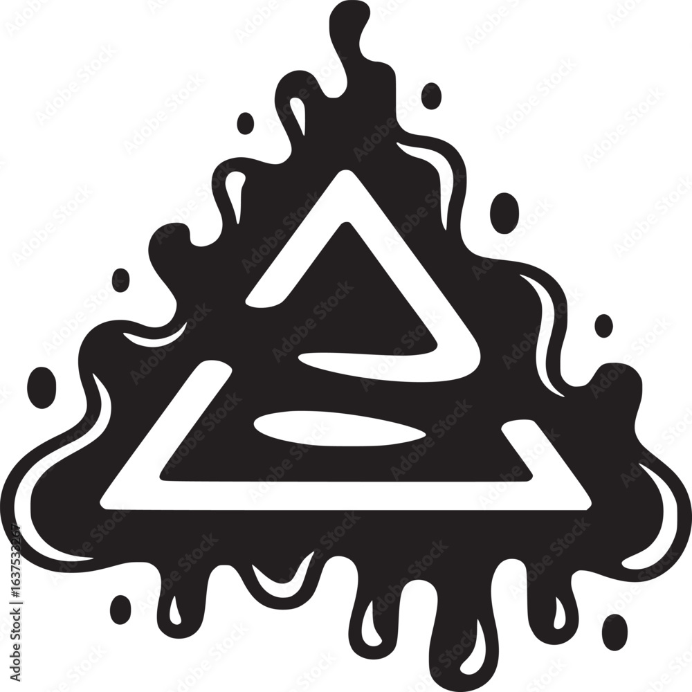 Poster a black and white image of a triangle with a line inside surrounded by a liquid like substance