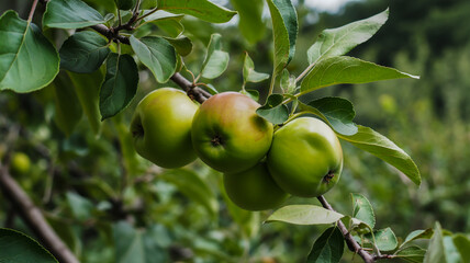 Cluster of Green Apples Ripening on a Tree Branch with Detailed Leaves fruit