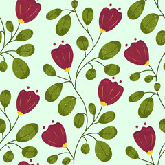 seamless pattern with red flower and leaves