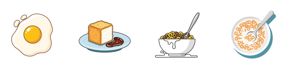 Illustrated breakfast foods including a fried egg, toast, cereal, and a bowl of oatmeal transparent background