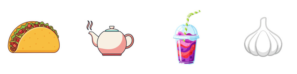 Icon set colourful Taco, teapot, smoothie, and garlic illustrations transparent background