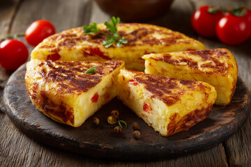 Sliced tortilla on rustic wooden table with fresh tomatoes showcasing a popular Spanish dish perfect for sharing