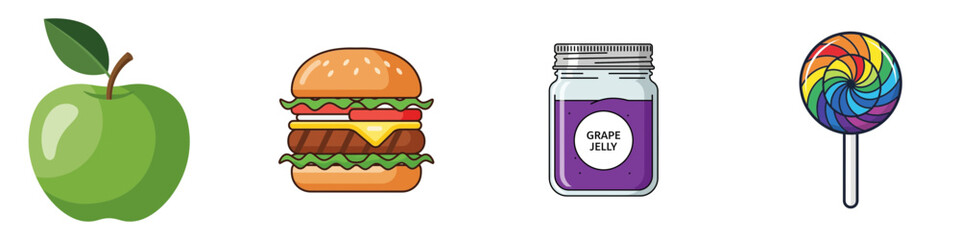 Cartoon illustration showing a green apple, double cheeseburger, grape jelly jar, and rainbow lollipop transparent background