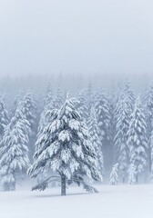Obraz premium Snow-Covered Evergreen Forest in Winter, Misty Landscape