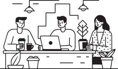 Fototapeta premium Three people sitting at a counter with laptops and coffee cups computer