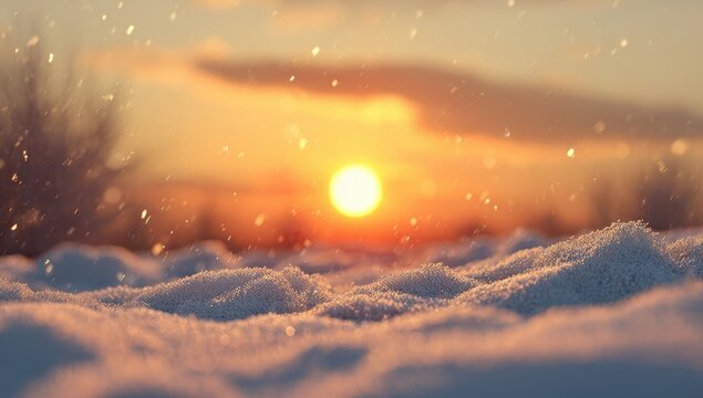 Golden sunset over snowy landscape. Snowflakes softly fall - Powered by Adobe