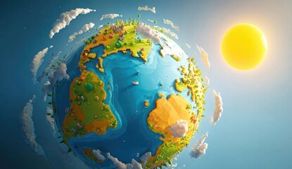 Cartoonish 3D Earth model, detailed landmasses, stylized clouds, bright sun