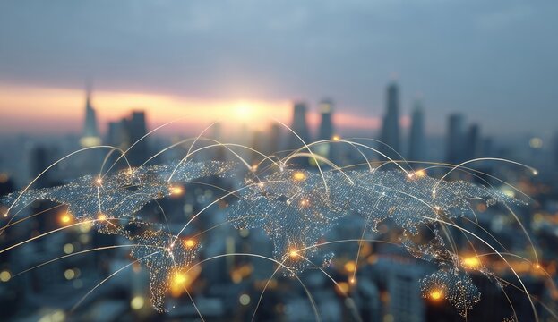 Global network map overlayed on a cityscape at sunrise