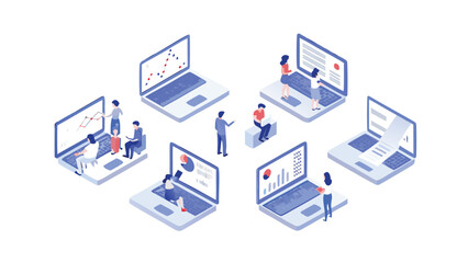 Obraz premium Isometric illustration of people working on laptops with charts and data analysis displayed on screens