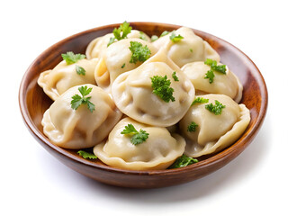 Delicious Homemade Pelmeni Dumplings in Wooden Bowl Garnished with Fresh Parsley Ready to Serve a Hearty Comfort Food