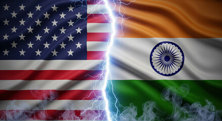 USA and India Flags Split with Lightning Bolt Crack and Smoke Symbolizing Trade Conflict and Economic Tension JPG
