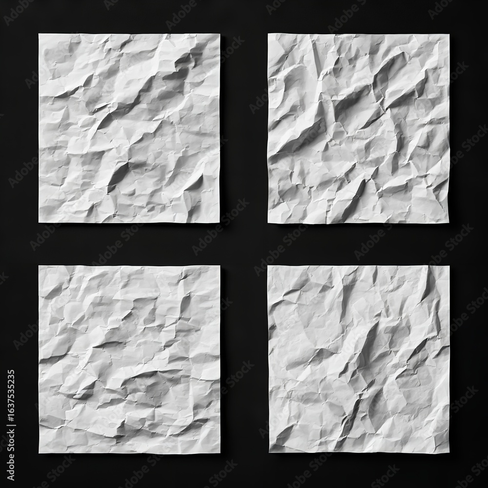 Poster four square crumpled white papers arranged in a grid pattern on a dark background with shadows