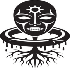 A black and white graphic of a mask with a sun symbol above the head and tree roots below it all